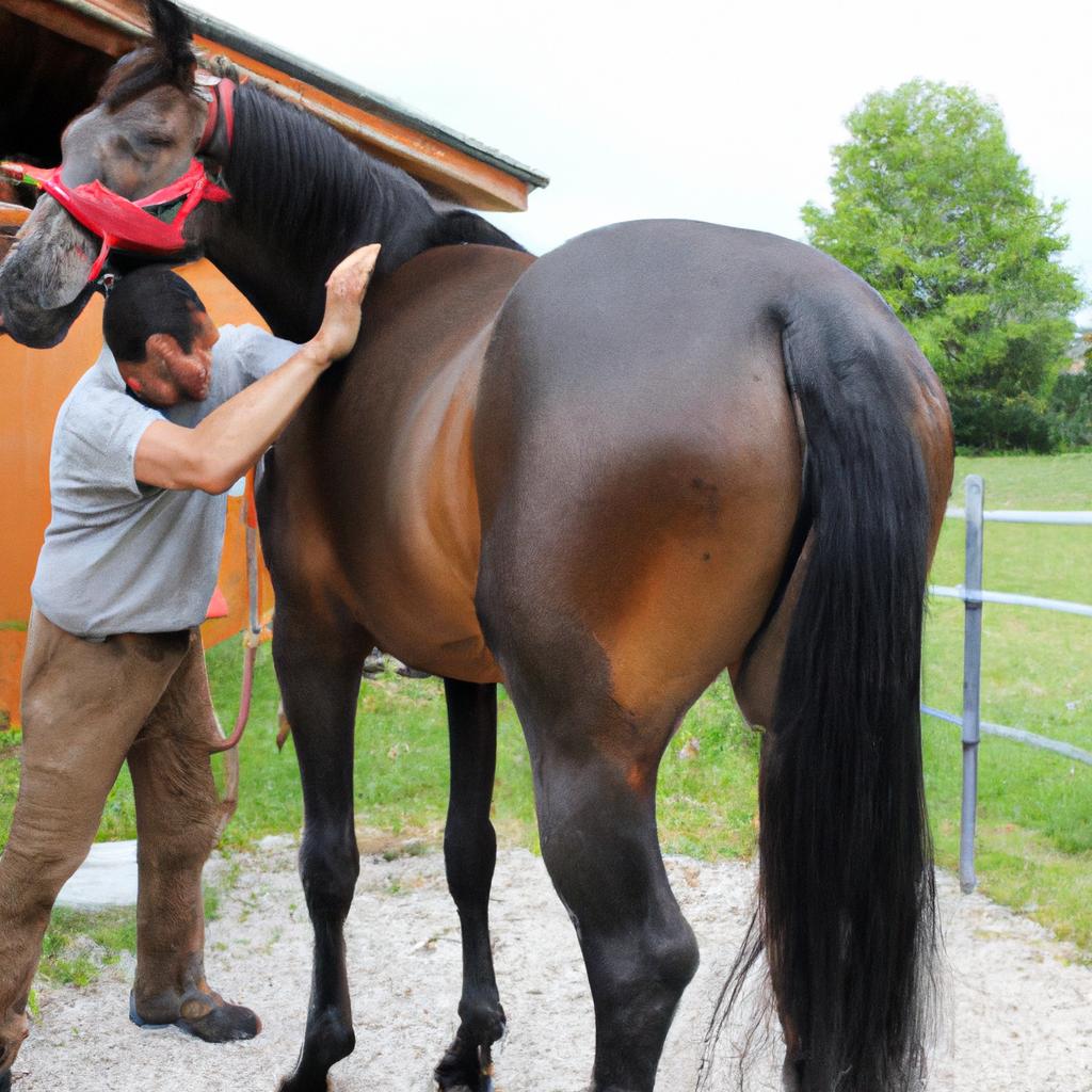Chiropractor treating horse with back pain