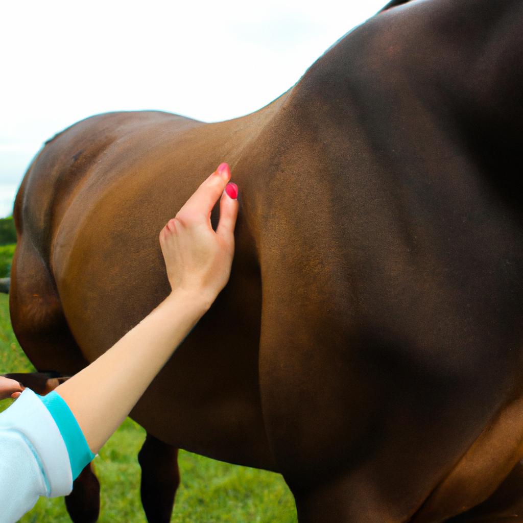 Person performing equine massage therapy
