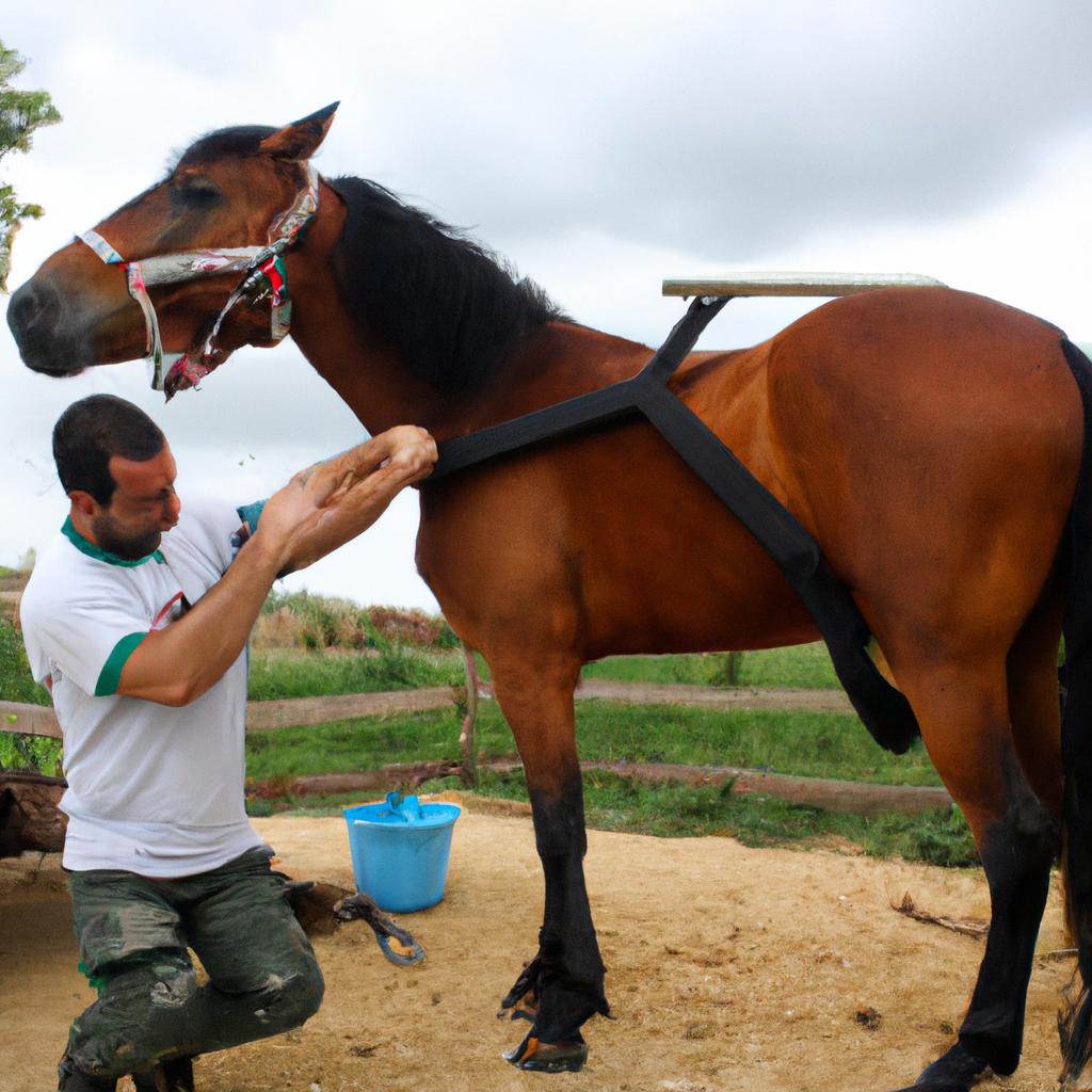 Chiropractor treating horse with care