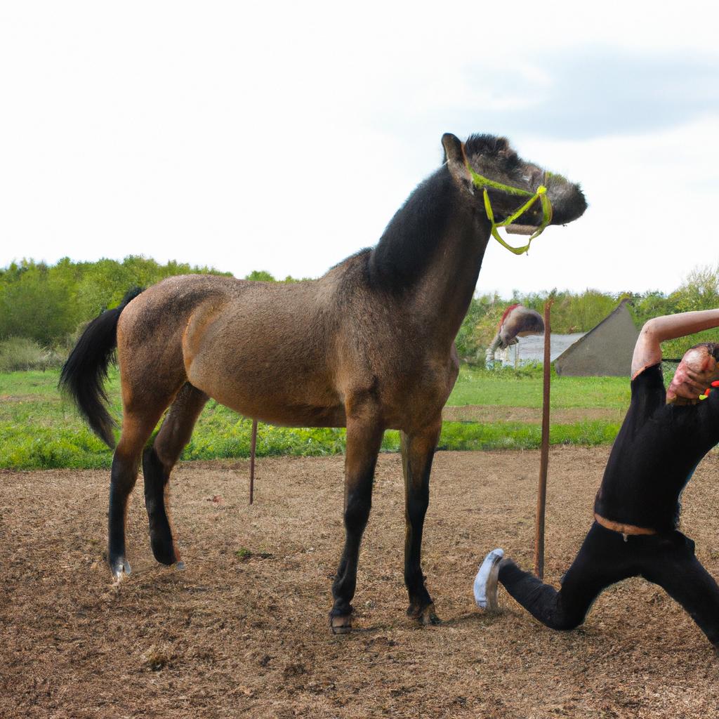 Person stretching with horse nearby